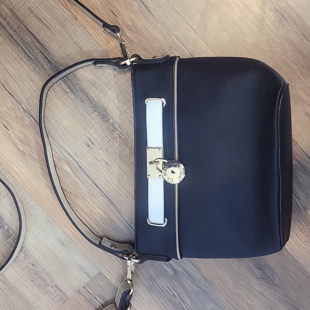 U.S. POLO ASSN Black White Tan Convertible Crossbody with Belted Lock